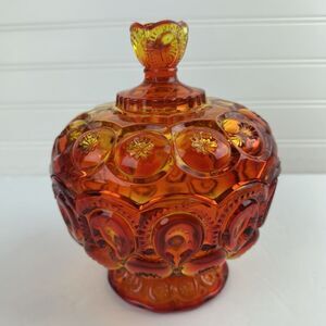 Vintage LE Smith Moon & Stars Amberina Glass Footed Pedestal Lidded Candy Dish